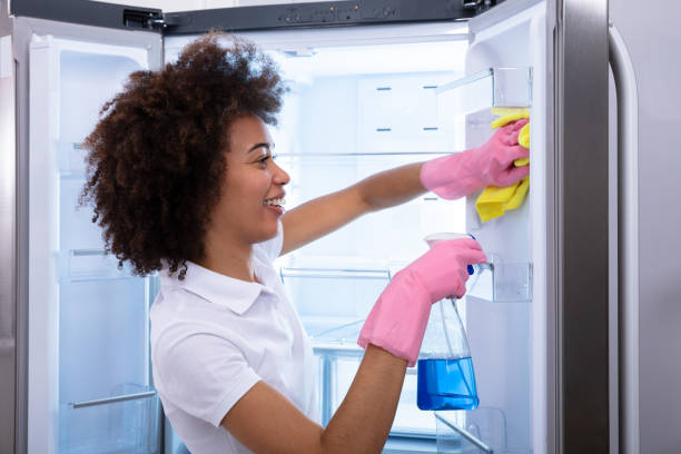 Happy lady fridge cleaning