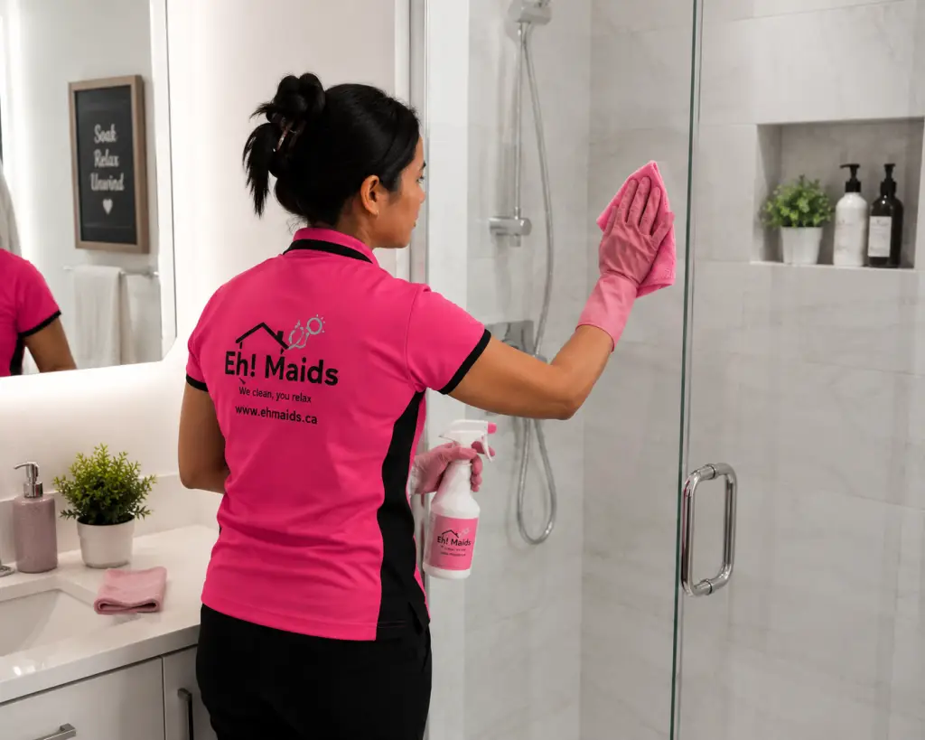 Bathroom deep cleaning: Professional cleaner scrubbing the shower