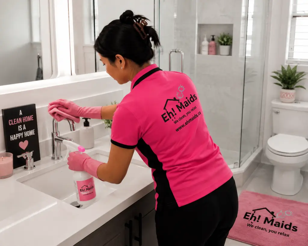 Bathroom deep cleaning: Professional cleaner cleaning bathroom surfaces